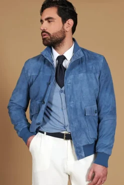 Uomo D'Arienzo Alex Bottoni - Giacca bomber in pelle camoscio blu denim con bottoni e tasconi
