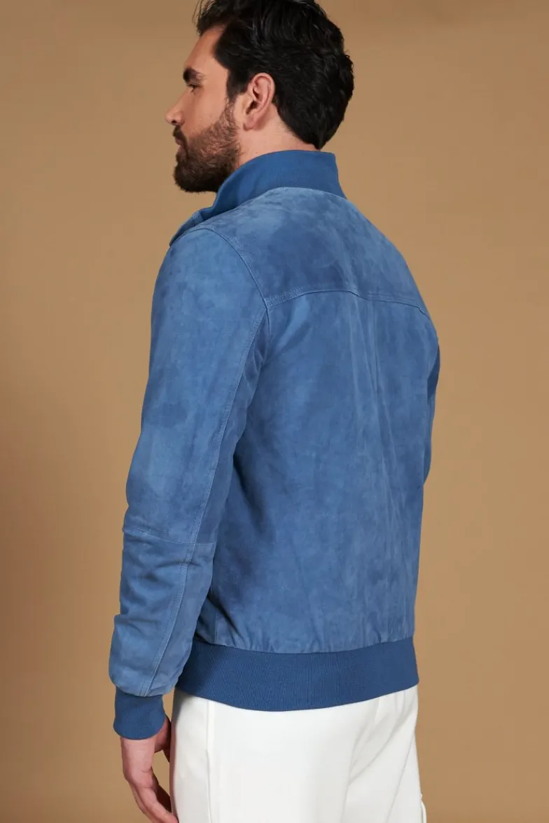 Uomo D'Arienzo Alex Bottoni - Giacca bomber in pelle camoscio blu denim con bottoni e tasconi