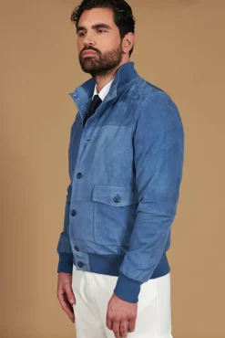 Uomo D'Arienzo Alex Bottoni - Giacca bomber in pelle camoscio blu denim con bottoni e tasconi