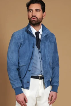 Uomo D'Arienzo Alex Bottoni - Giacca bomber in pelle camoscio blu denim con bottoni e tasconi
