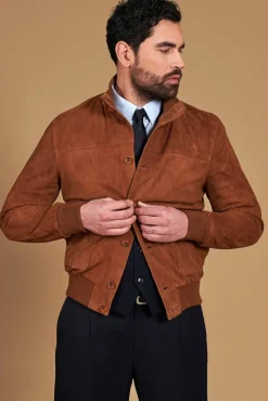Uomo D'Arienzo Alex Bottoni - Giacca bomber in pelle camoscio cognac con bottoni e tasconi