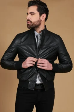 Uomo D'Arienzo Alex Bottoni - Giubbotto Bomber in pelle nera con bottoni effetto liscio