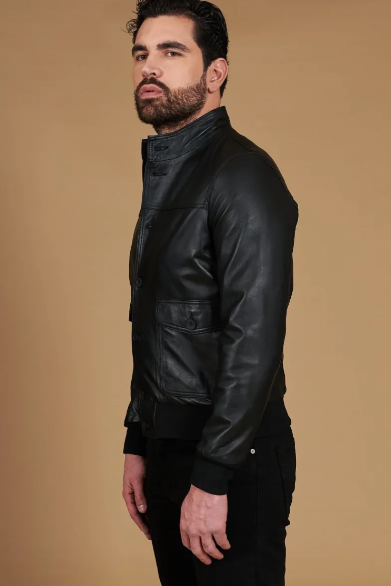 Uomo D'Arienzo Alex Bottoni - Giubbotto Bomber in pelle nera con bottoni effetto liscio