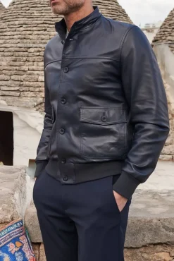 Uomo D'Arienzo Alex Bottoni - Giubbotto Bomber in pelle blu con bottoni effetto liscio