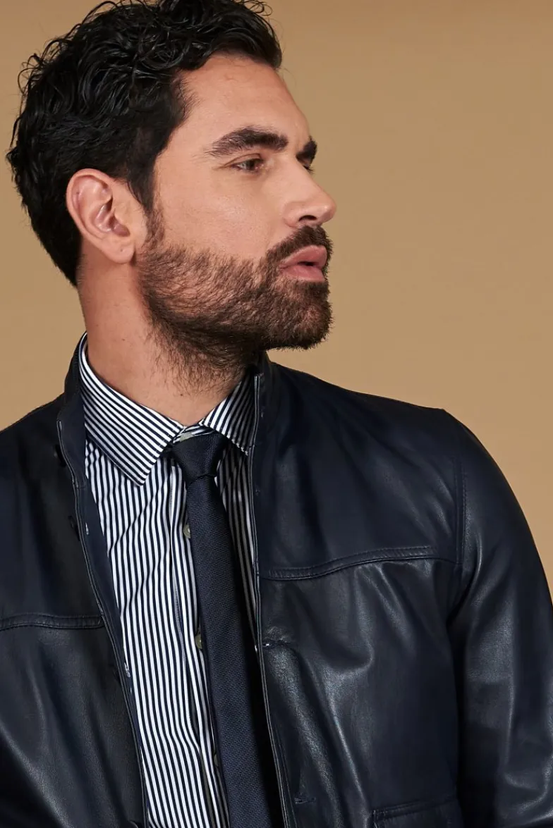 Uomo D'Arienzo Alex Bottoni - Giubbotto Bomber in pelle blu con bottoni effetto liscio