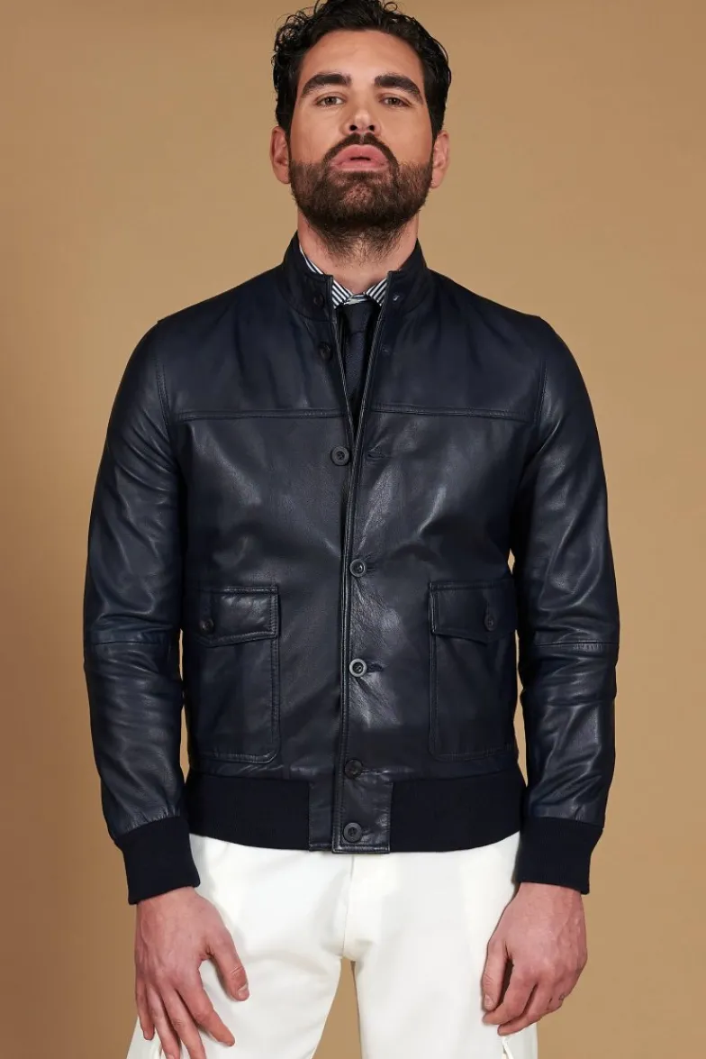 Uomo D'Arienzo Alex Bottoni - Giubbotto Bomber in pelle blu con bottoni effetto liscio