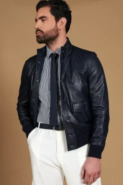 Uomo D'Arienzo Alex Bottoni - Giubbotto Bomber in pelle blu con bottoni effetto liscio