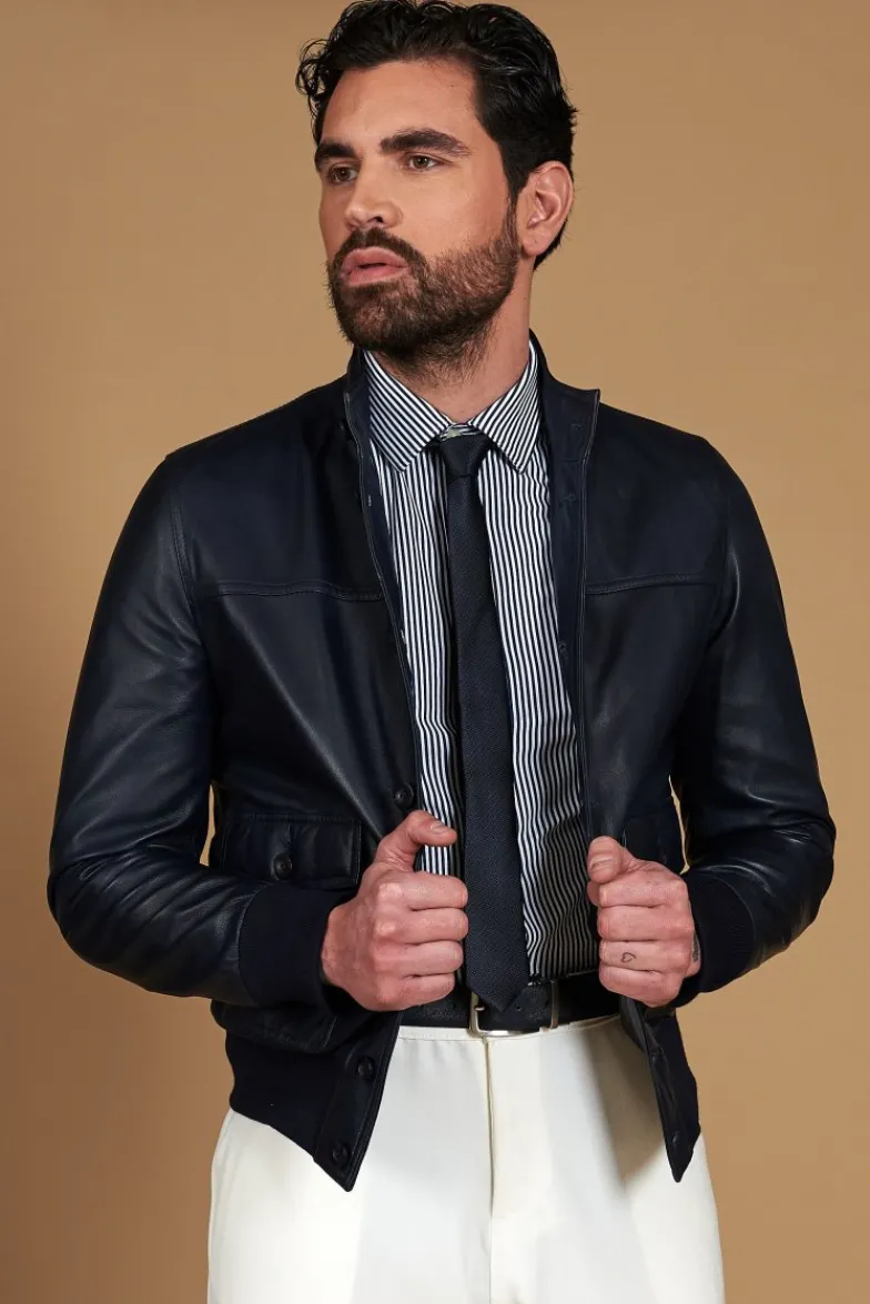 Uomo D'Arienzo Alex Bottoni - Giubbotto Bomber in pelle blu con bottoni effetto liscio