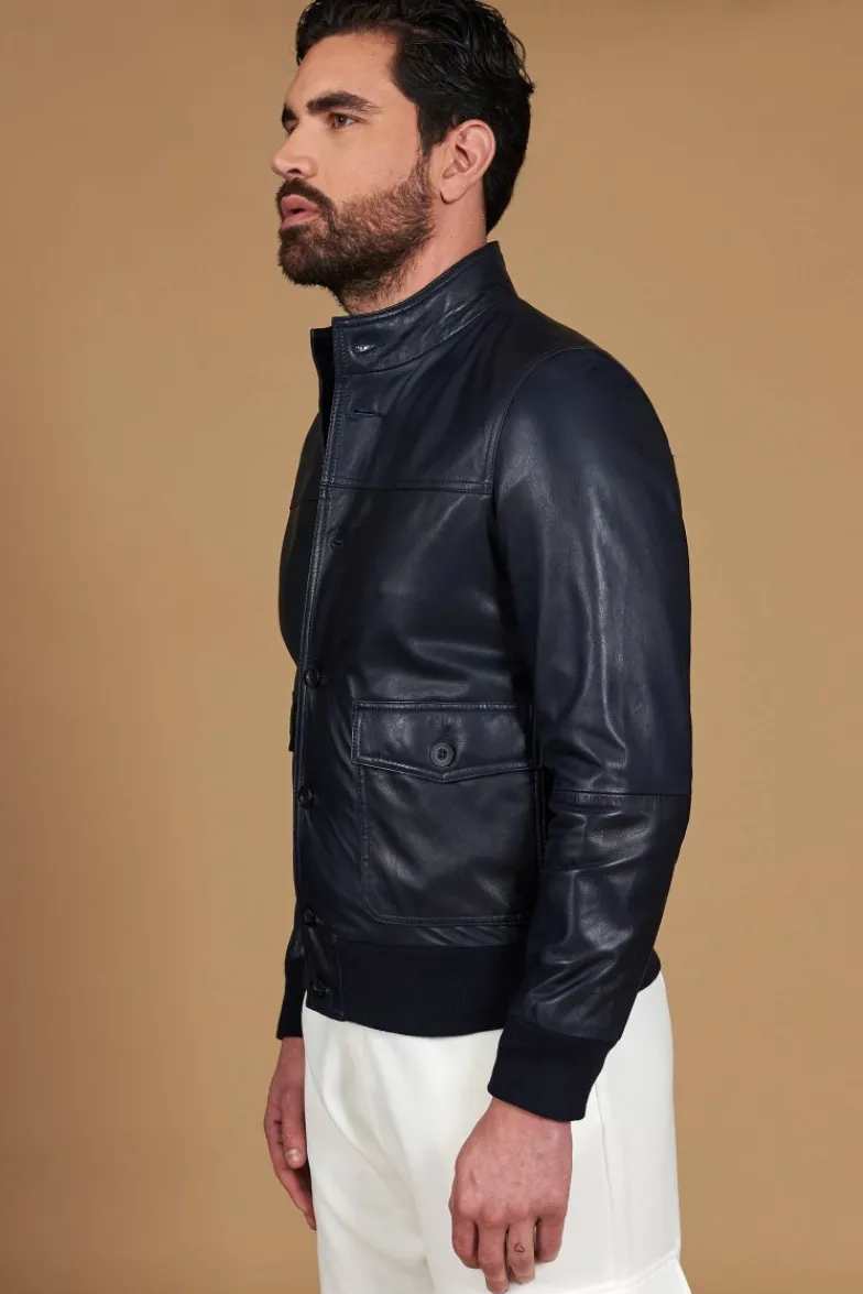 Uomo D'Arienzo Alex Bottoni - Giubbotto Bomber in pelle blu con bottoni effetto liscio
