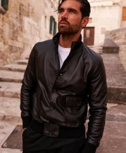 Uomo D'Arienzo Alex Bottoni - Giubbotto Bomber in pelle nera con bottoni e tasconi
