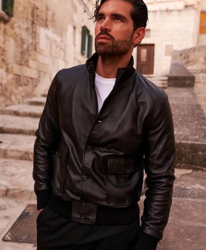 Uomo D'Arienzo Alex Bottoni - Giubbotto Bomber in pelle nera con bottoni e tasconi