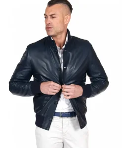 Uomo D'Arienzo Alex Bottoni - Giubbotto Bomber in pelle blu con bottoni e tasconi