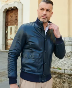Uomo D'Arienzo Alex Bottoni - Giubbotto Bomber in pelle blu con bottoni e tasconi
