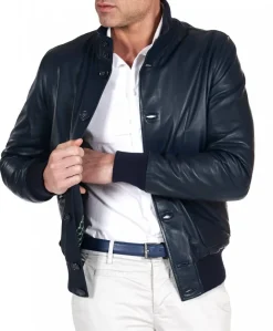 Uomo D'Arienzo Alex Bottoni - Giubbotto Bomber in pelle blu con bottoni e tasconi
