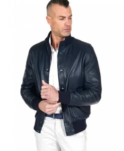 Uomo D'Arienzo Alex Bottoni - Giubbotto Bomber in pelle blu con bottoni e tasconi