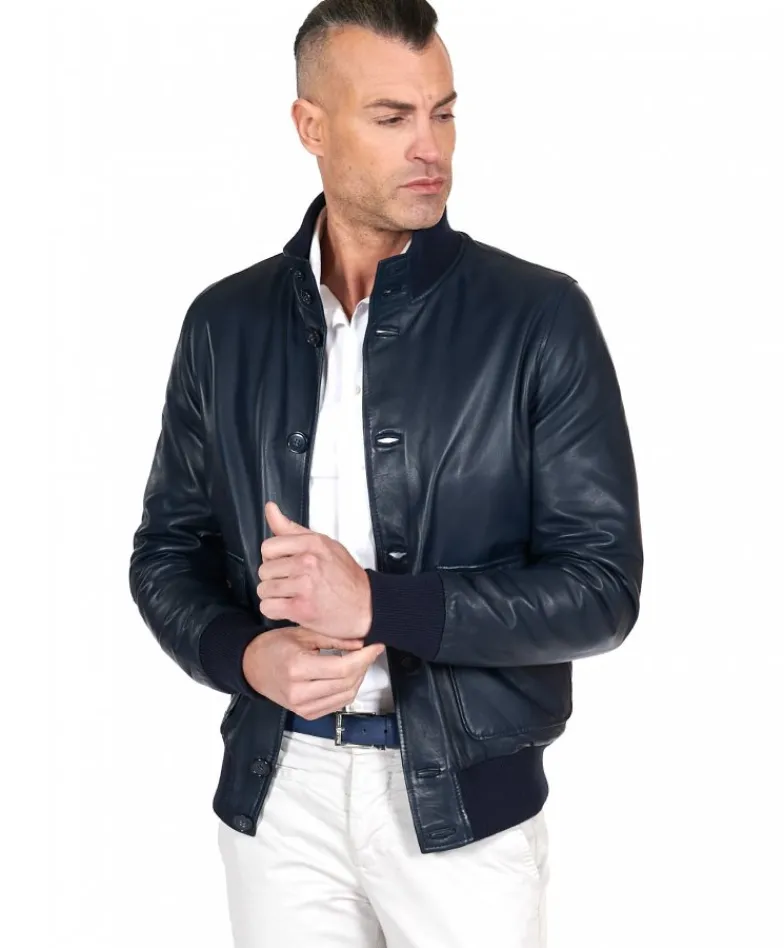 Uomo D'Arienzo Alex Bottoni - Giubbotto Bomber in pelle blu con bottoni e tasconi