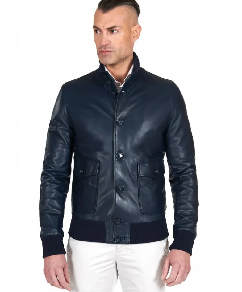 Uomo D'Arienzo Alex Bottoni - Giubbotto Bomber in pelle blu con bottoni e tasconi