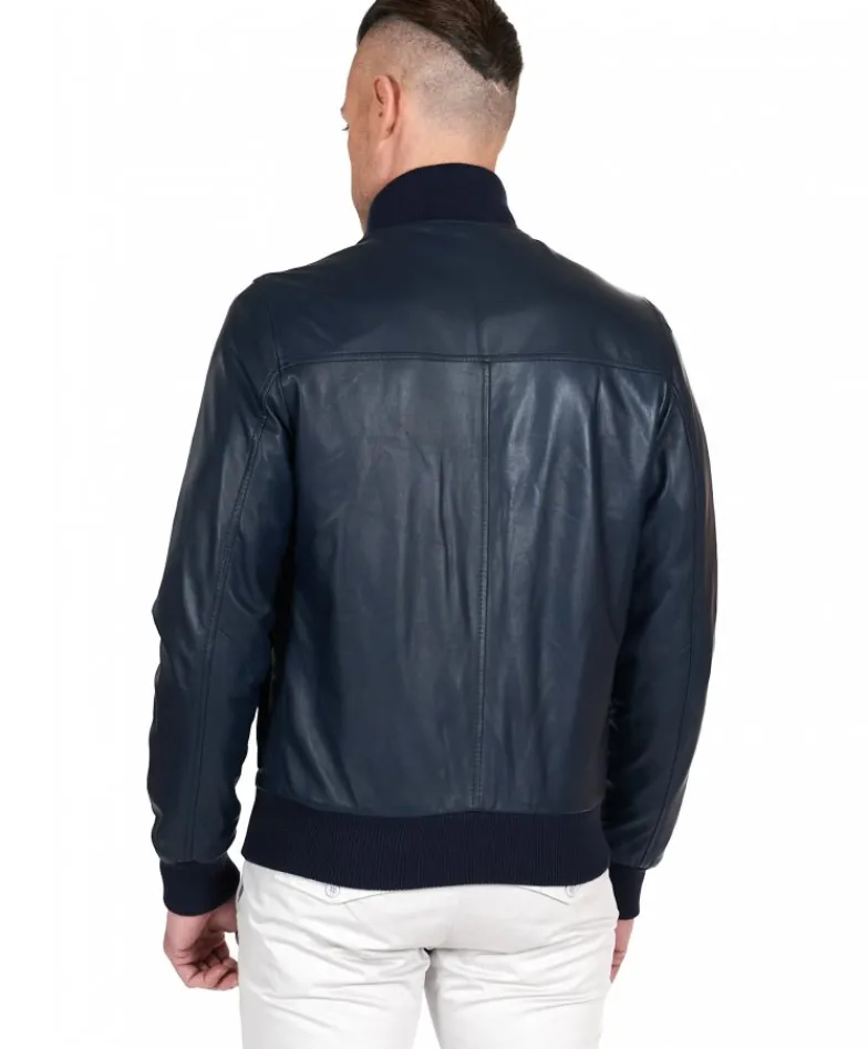 Uomo D'Arienzo Alex Bottoni - Giubbotto Bomber in pelle blu con bottoni e tasconi