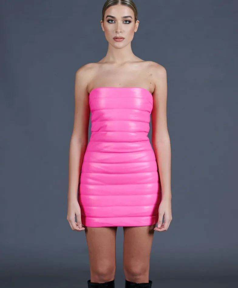 Donna D'Arienzo Alexa - Vestito corto trapuntato in pelle fuxia
