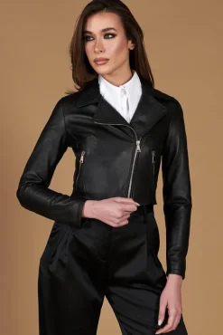 Donna D'Arienzo Alice - Giacca corta in pelle nera stile chiodo