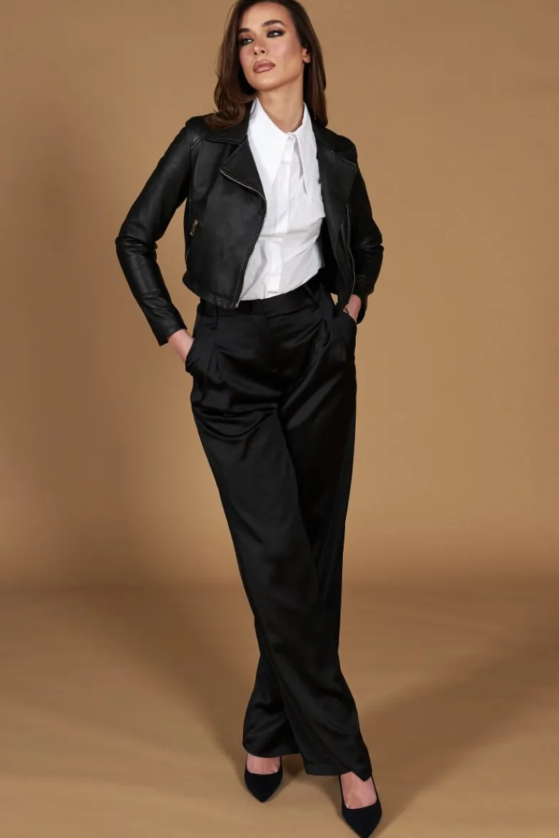 Donna D'Arienzo Alice - Giacca corta in pelle nera stile chiodo