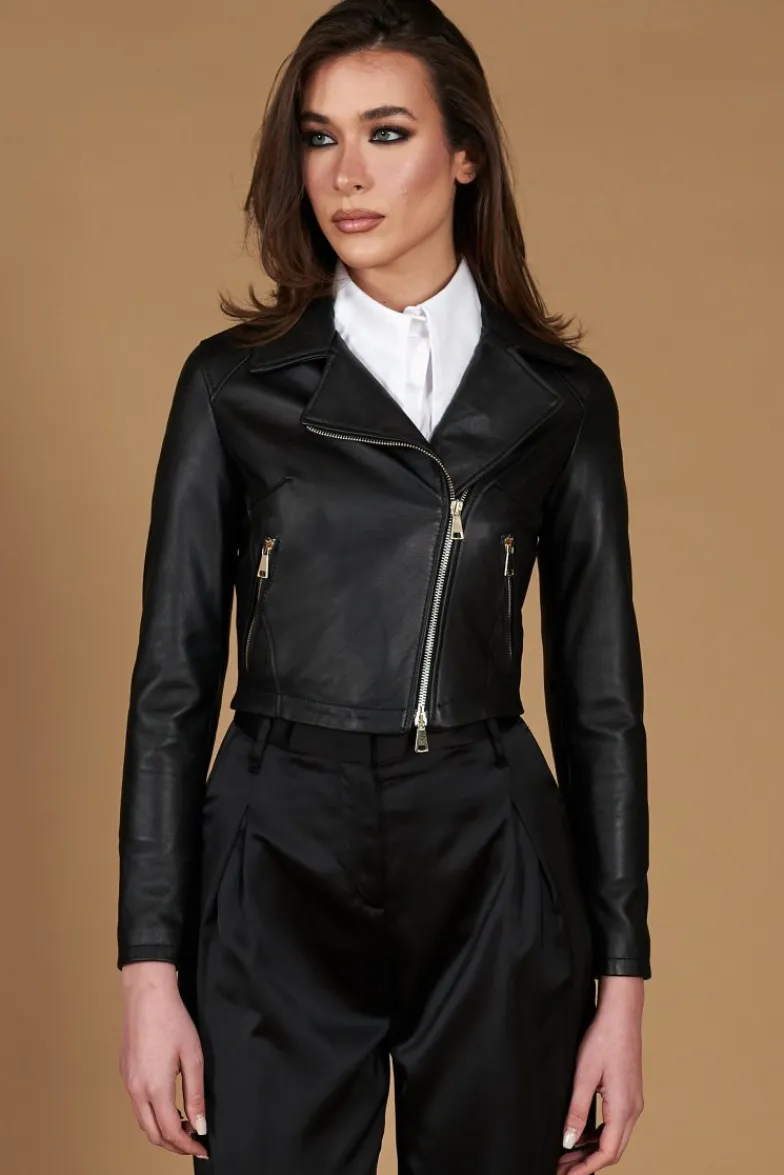 Donna D'Arienzo Alice - Giacca corta in pelle nera stile chiodo