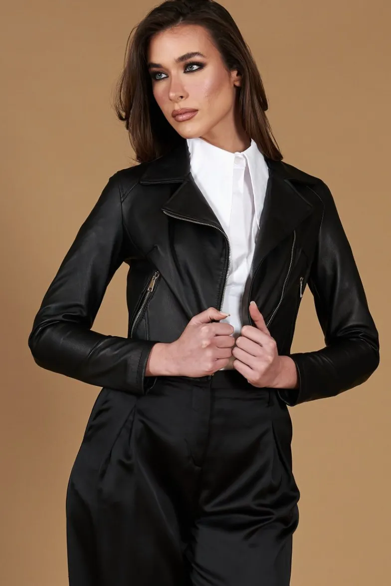 Donna D'Arienzo Alice - Giacca corta in pelle nera stile chiodo