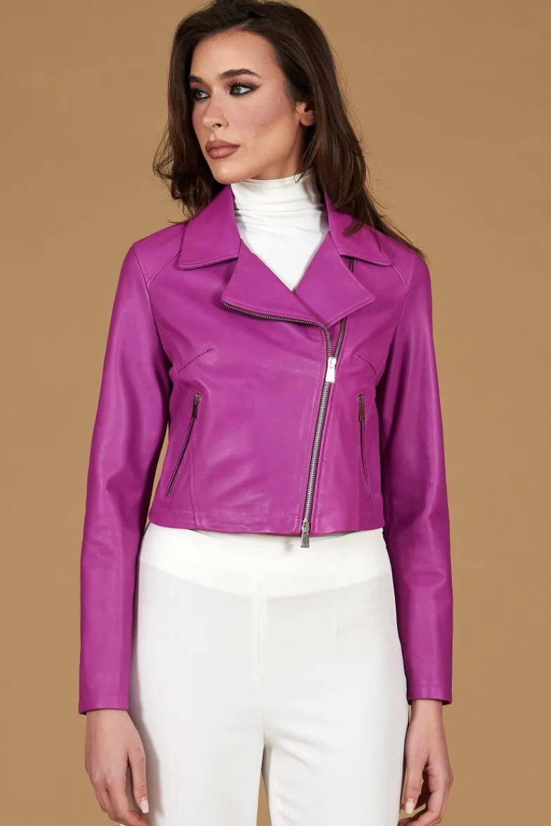 Donna D'Arienzo Alice - Giacca corta in pelle naturale glicine stile chiodo