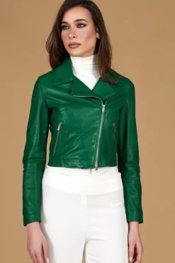 Donna D'Arienzo Alice - Giacca corta in pelle naturale verde stile chiodo