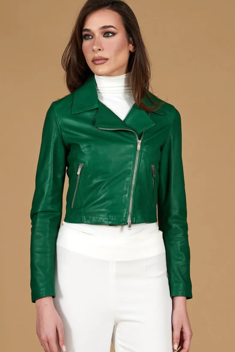 Donna D'Arienzo Alice - Giacca corta in pelle naturale verde stile chiodo