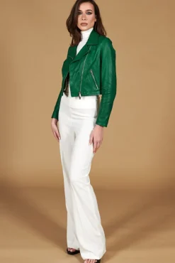 Donna D'Arienzo Alice - Giacca corta in pelle naturale verde stile chiodo
