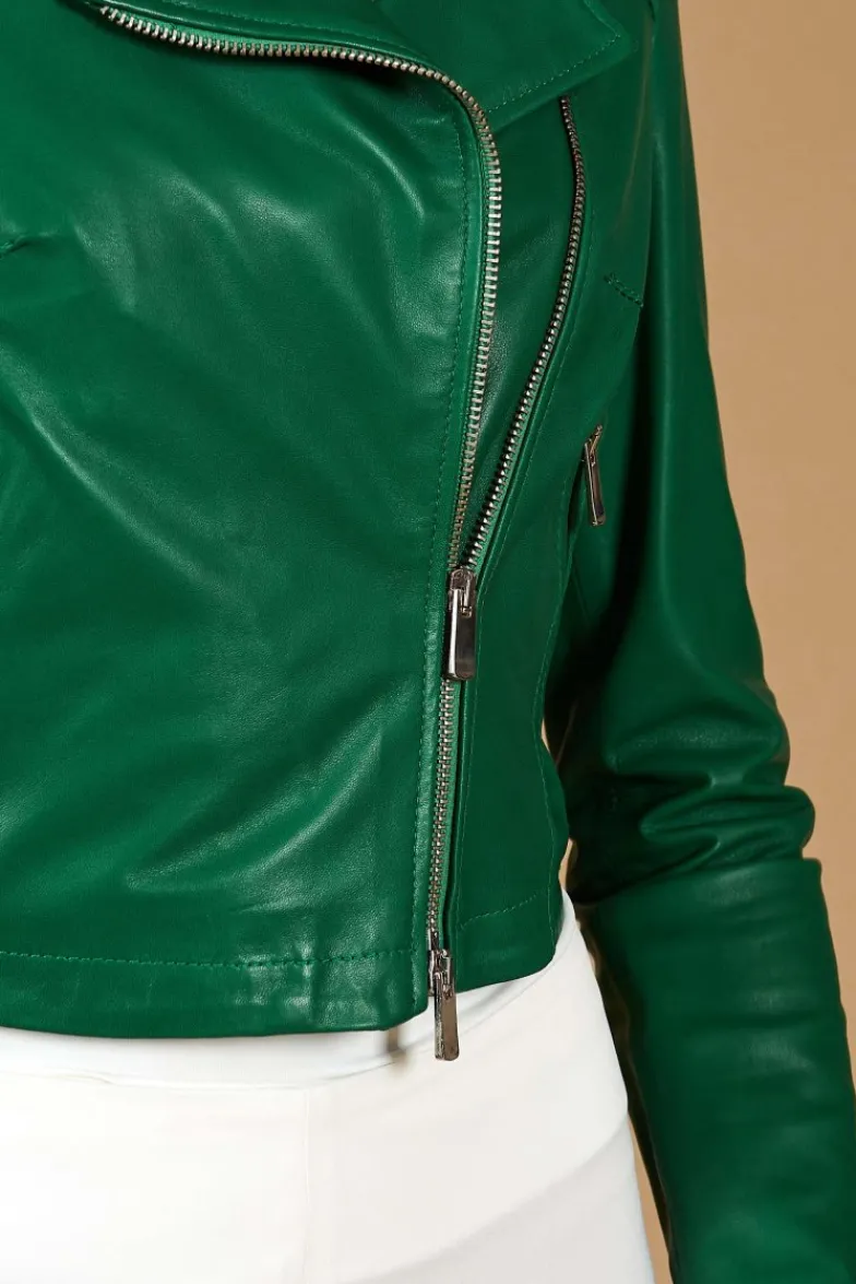 Donna D'Arienzo Alice - Giacca corta in pelle naturale verde stile chiodo
