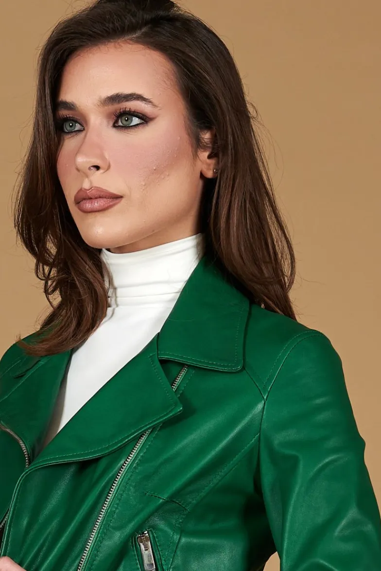 Donna D'Arienzo Alice - Giacca corta in pelle naturale verde stile chiodo