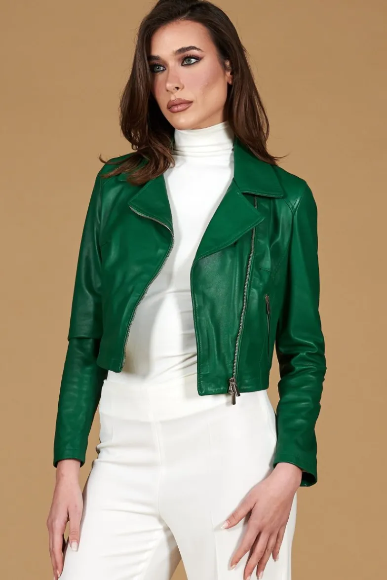 Donna D'Arienzo Alice - Giacca corta in pelle naturale verde stile chiodo