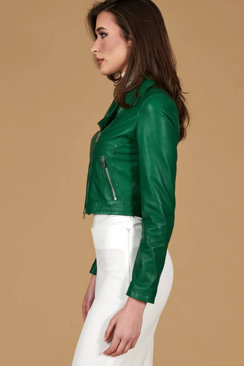 Donna D'Arienzo Alice - Giacca corta in pelle naturale verde stile chiodo