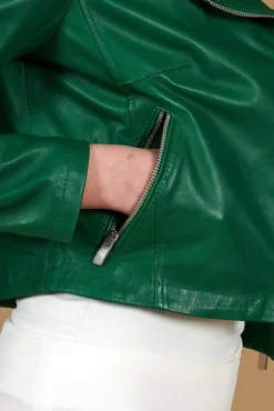 Donna D'Arienzo Alice - Giacca corta in pelle naturale verde stile chiodo