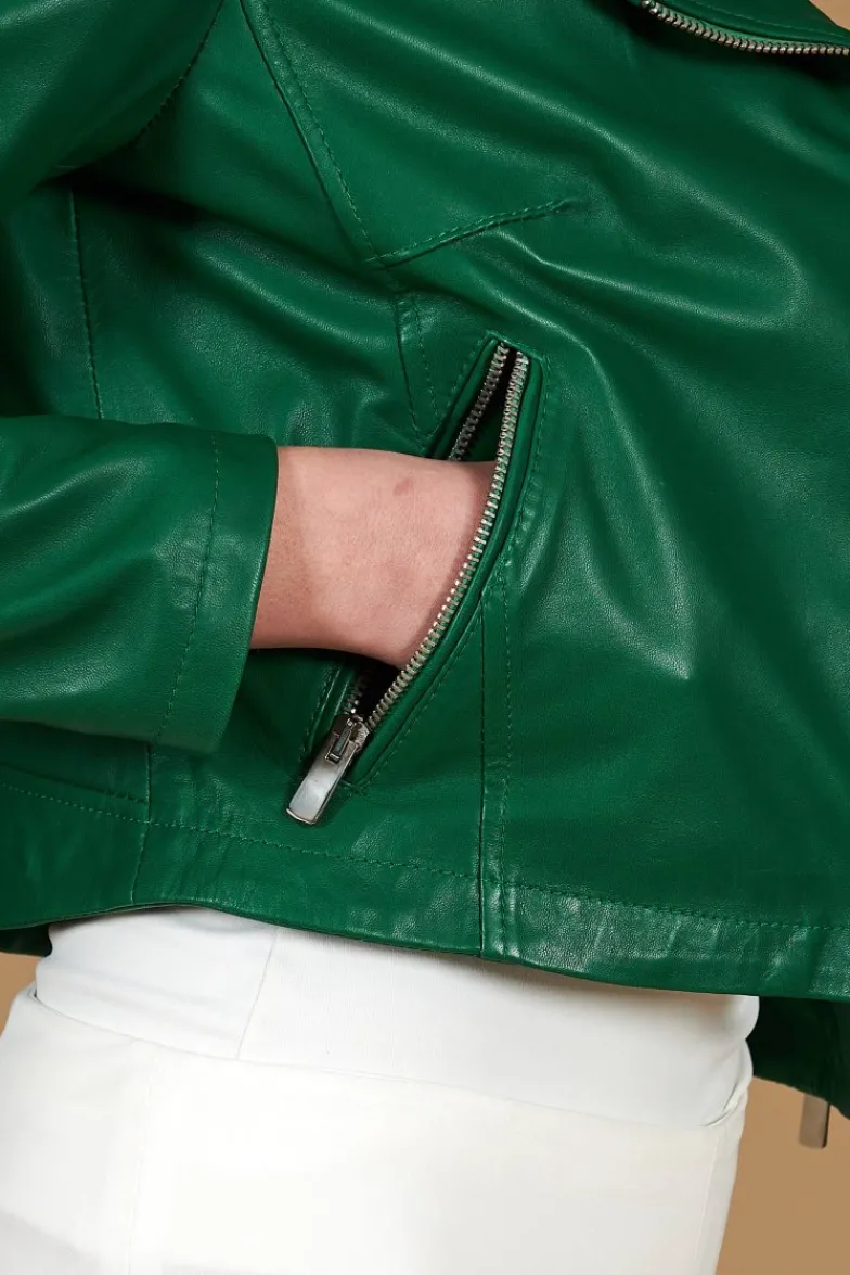 Donna D'Arienzo Alice - Giacca corta in pelle naturale verde stile chiodo