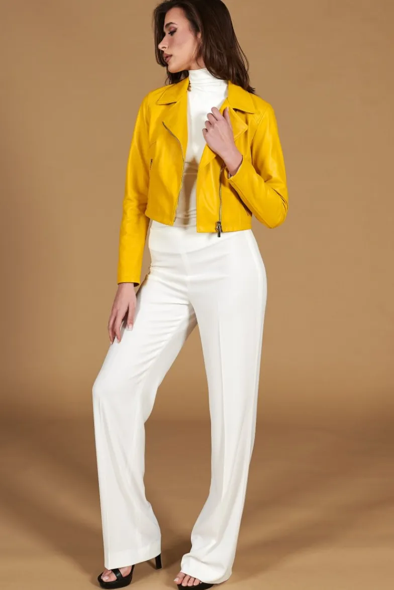 Donna D'Arienzo Alice - Giacca corta in pelle naturale gialla stile chiodo