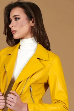 Donna D'Arienzo Alice - Giacca corta in pelle naturale gialla stile chiodo