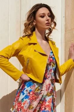 Donna D'Arienzo Alice - Giacca corta in pelle naturale gialla stile chiodo
