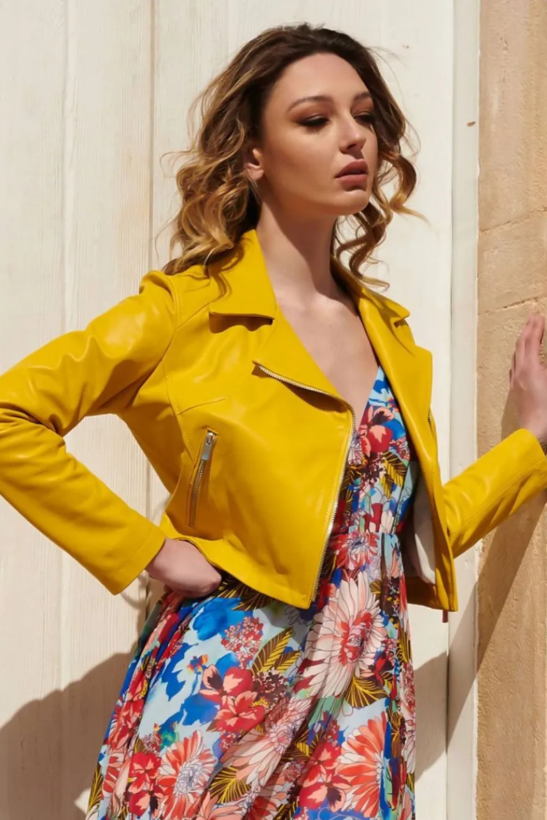 Donna D'Arienzo Alice - Giacca corta in pelle naturale gialla stile chiodo