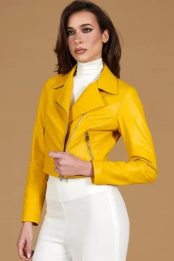 Donna D'Arienzo Alice - Giacca corta in pelle naturale gialla stile chiodo