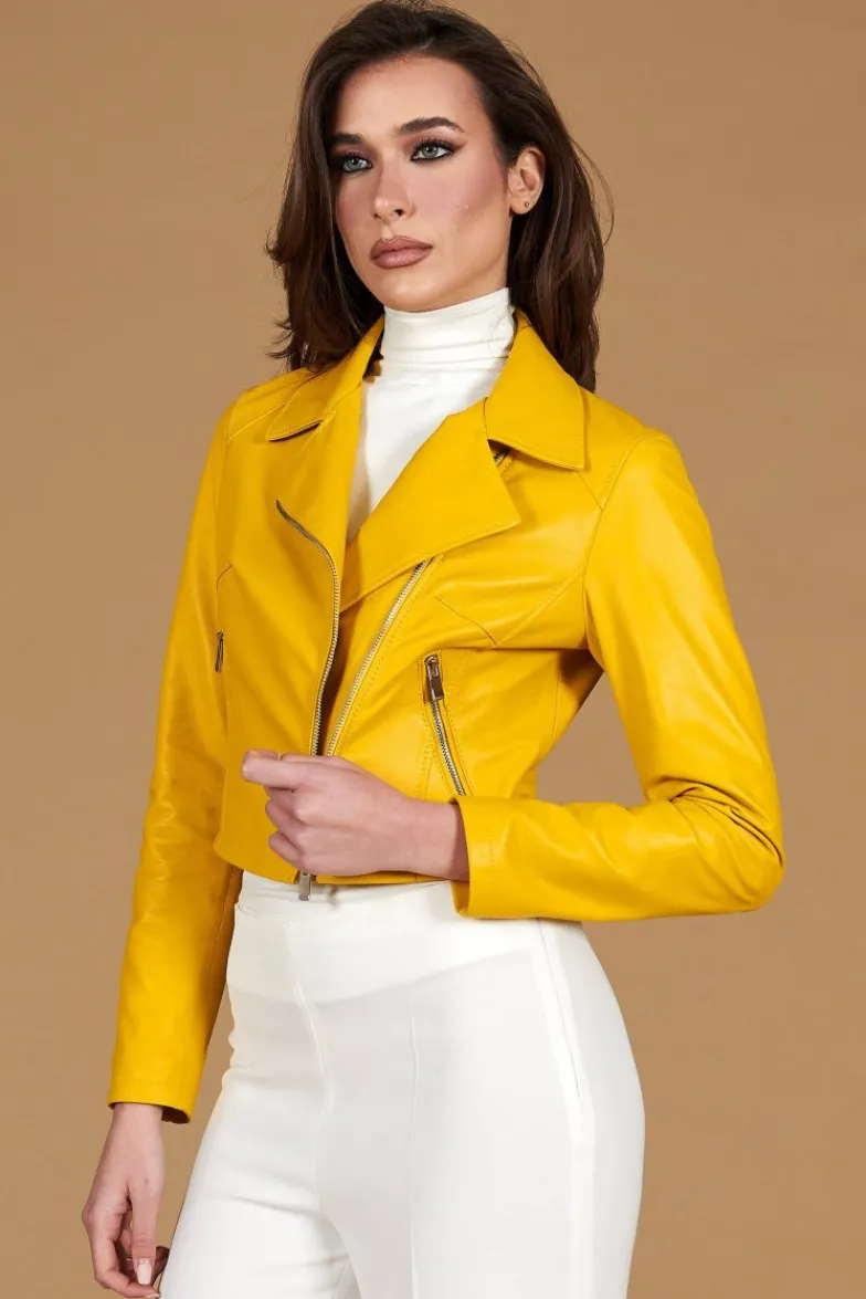 Donna D'Arienzo Alice - Giacca corta in pelle naturale gialla stile chiodo