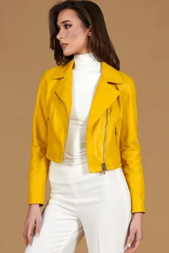 Donna D'Arienzo Alice - Giacca corta in pelle naturale gialla stile chiodo