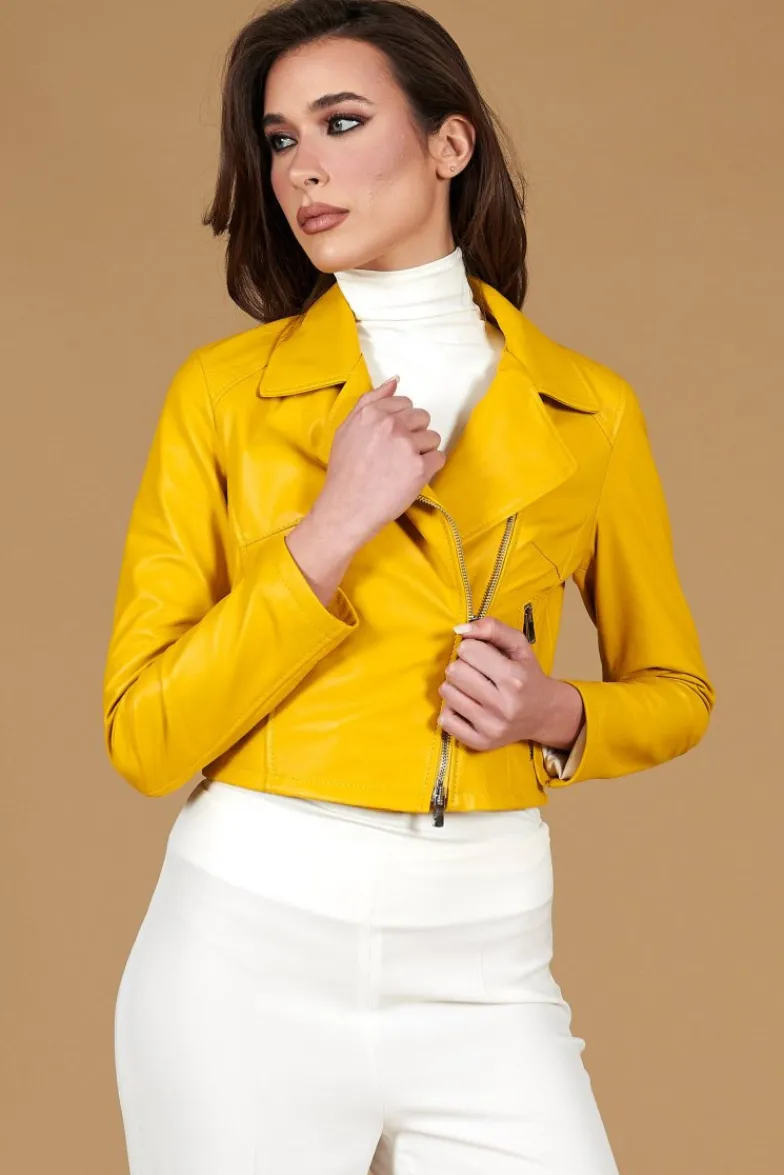 Donna D'Arienzo Alice - Giacca corta in pelle naturale gialla stile chiodo
