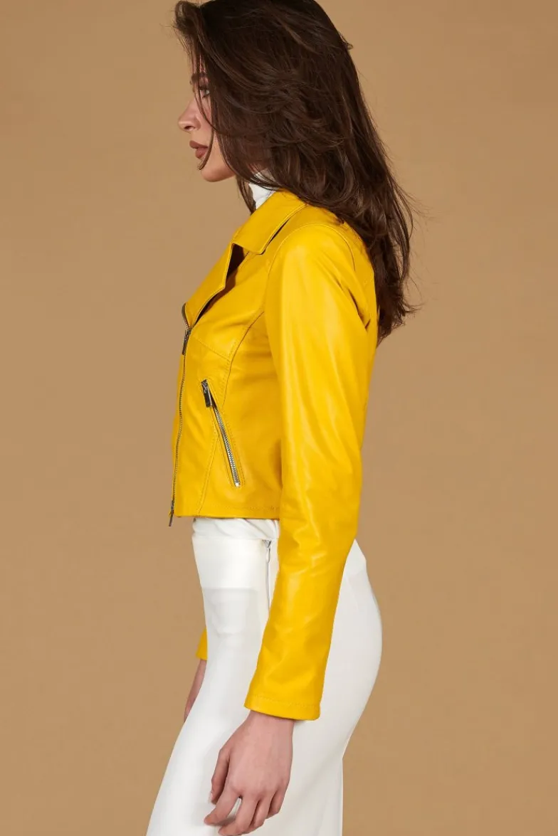 Donna D'Arienzo Alice - Giacca corta in pelle naturale gialla stile chiodo