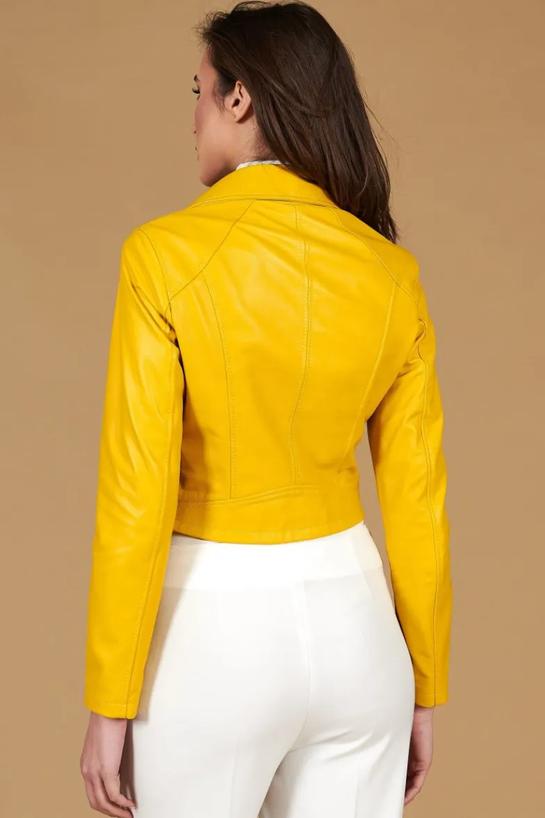 Donna D'Arienzo Alice - Giacca corta in pelle naturale gialla stile chiodo