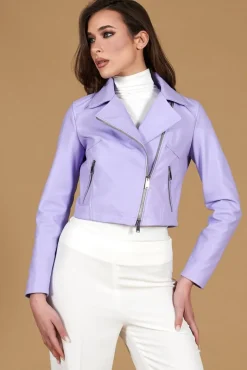 Donna D'Arienzo Alice - Giacca corta in pelle glicine pastello stile chiodo