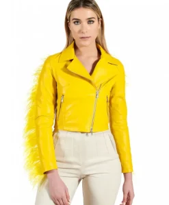 Donna D'Arienzo Alice - Giacca corta in pelle naturale gialla stile chiodo con piume