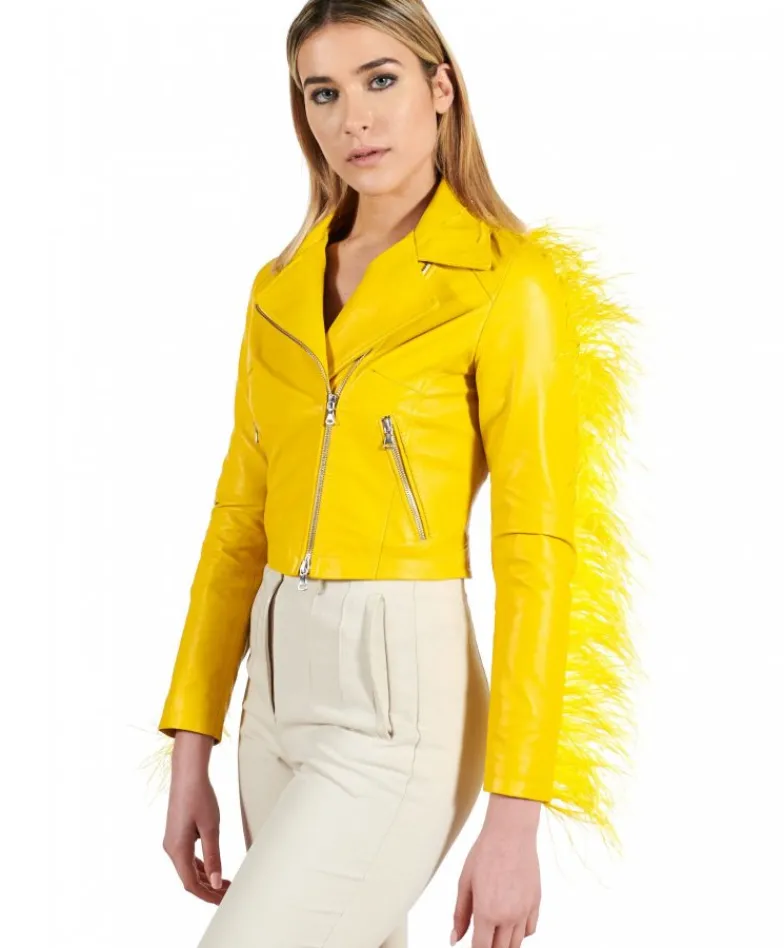 Donna D'Arienzo Alice - Giacca corta in pelle naturale gialla stile chiodo con piume
